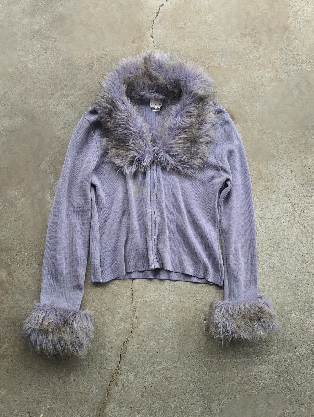 vtg y2k Von Saken Faux Fur Ribbed Full Zip lavender purple Sweater Jacket Small